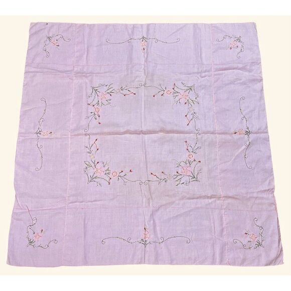 Vintage Handmade Pink Square Embroidered Floral Tablecloth 42 x 41 Appliqué Cute - Picture 10 of 16